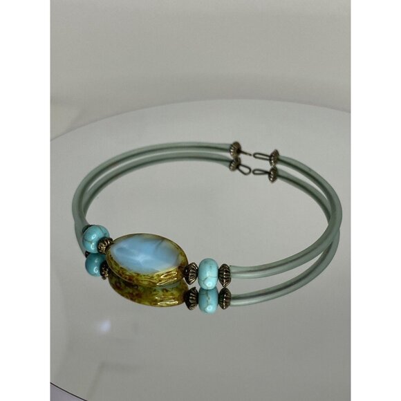 Beach Bracelet Murano Style Glass Spring Collapse Blue Turquoise Color 8” Loose - Picture 4 of 5